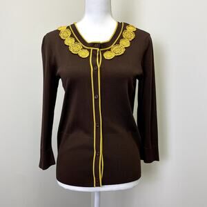 Vintage Knit Chic Brown Cardigan Yellow Crochet Flowers M